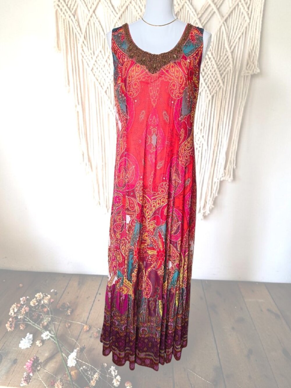 Reba Large Maxi Dress Boho Red Paisley Beaded Sleeveless Tropical Western Mesh